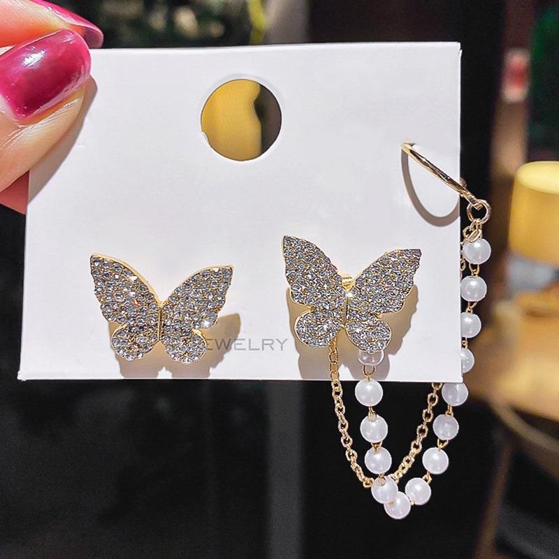 AVR JEWELS High sense of asymmetric butterfly pearl ear bone clip earrings all-in-one female super fairy tassel earrings